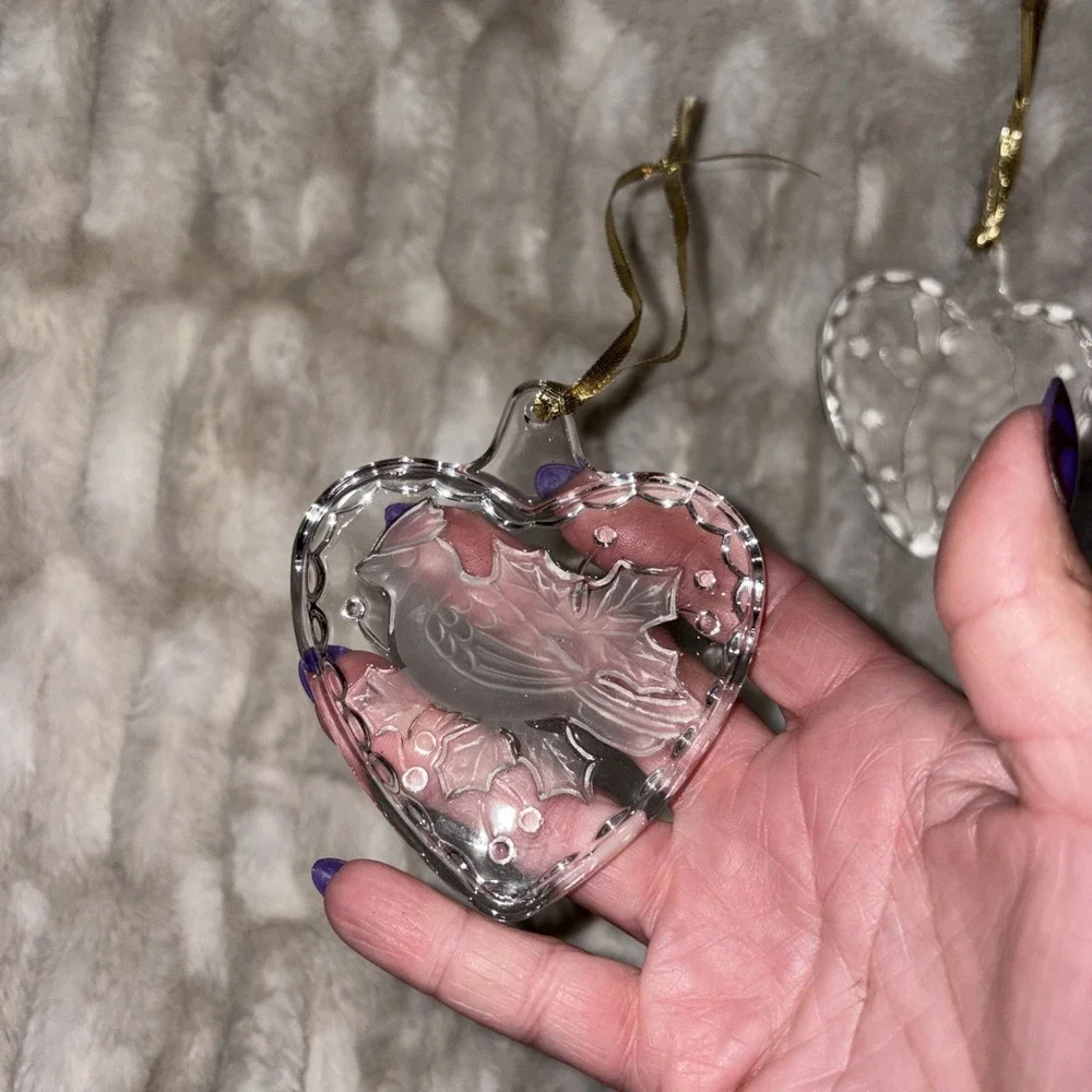 2 Mikasa Crystal Glass Heart Shaped Ornaments Cardinal Angel Cherub Gold Hangers